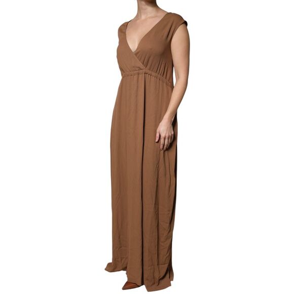 Fabiana Filippi Brown Sleeveless Deep V-neck A-line Long Maxi Women's Dress